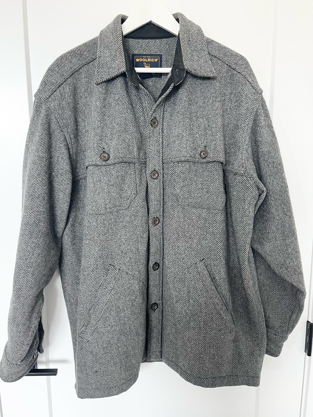 Vintage Woolrich Ranch Duster Field Jacket L Gray Herringbone Wool Shacket USA